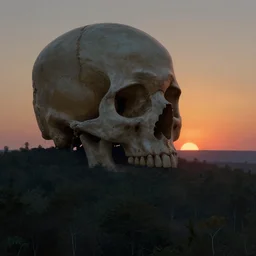 the skull of a giant old mecca watches the sun going down at the horizon, vast forest, melancholy, dusk, alexey egorov, artstation