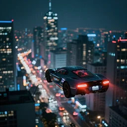 neon city rainy bokeh in the background a flying car in the foreground night