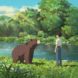 rendering of a scene with a bear near the river by makoto shinkai and thomas kinkade, fantasy matte painting, trending on cgsociety and unreal engine, light effect, highly detailed, super wide angle