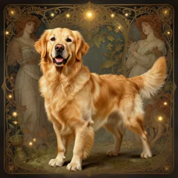 clear portrait of a golden retriever, cottagecore!!, background hyper detailed, character concept, full body, dynamic pose, glowing lights!! intricate, elegant, highly detailed, digital painting, artstation, concept art, smooth, sharp focus, illustration, art by artgerm and greg rutkowski and alphonse mucha
