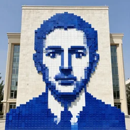 a perfect portrait photograph of a human being reduced to an ordered set of pixels, sorted by the blue channel value, each pixel is a 1 meter plastic cube glued to the outside of a horrific government building in azerbaijan.