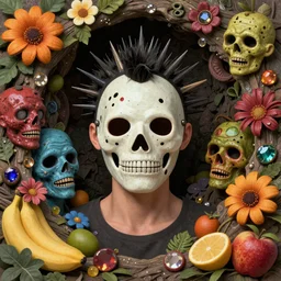 zombie, punk rock, young male, death mask, grotesquerie, grotto, multicolored faces, fruit and flowers, gemstones for eyes, botanical, vanitas, sculptural, baroque, rococo, intricate detail, spiral, ornamental, kaleidoscopic, soft, elegant, beautiful