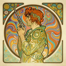 side profile centered portrait, man with a gun, by artgerm, cushart krenz, greg rutkowski, mucha. art nouveau. gloomhaven, swirly vibrant ripples, gaudy colors, sharp edges. ultra clear detailed. 8 k. elegant, intricate, octane render