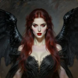 raven winged female vampire, fantasy, portrait painted by Raymond Swanland, artgerm, red eyes