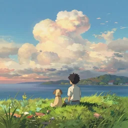 a boy and his dog sitting together on a grassy dune in front of the ocean at sunset with large cloud by Makoto Shinkai, wide shot, ethereal, stunning