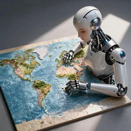 a beautiful cyborg making a jigsaw puzzle of the world