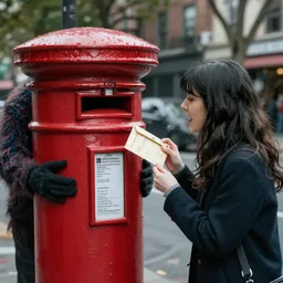 a monster hiding in a pillarbox ready to eat a woman posting her letter cinematic realistic 3 5 mm