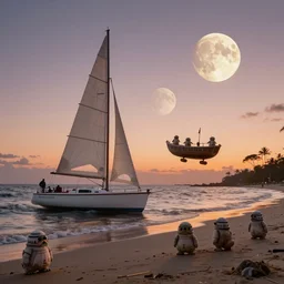 sailboat stuck at low tide, sunset, two moons in sky, star wars ewoks on beaches, ewoks launching boat, ewoks helping, ewoks
