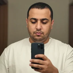 a moroccan man looking down at his phone taking a selfie, serious face, not smiling, with a large double - chin showing