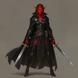 Dungeons and Dragons character art of a female tiefling, red skin, black cloak, holding daggers, masterpiece
