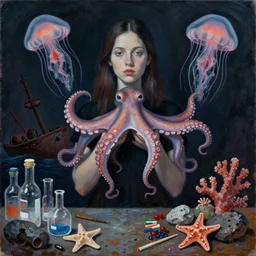 a dark portrait of female art student holding an octopus, jellyfish, shipwreck, berries, trash, starfish, coral, rocks, empty pet bottles, scientific glassware, neo - expressionism, surrealism, acrylic and spray paint and oilstick on canvas