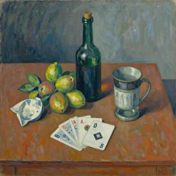 a painting by ben nicholson in the style of ivon hitchens, table still life with cards