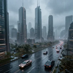 futuristic city landscape with cars, concept art, wide angle, hyper realistic, artstation, moody, rainy, 4 k, volumetric lighting,