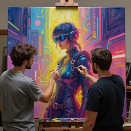 two Artificial Intelligence fighting for creating the most impressive art painting on a canvas, colourful, brushes, oil painting, digital art, trending on artstation, highly detailed, Blade Runner background, futuristic,digital engine, luminous,
