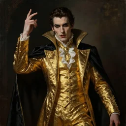 male vampire in dark golden noble clothes in a dramatic pose, realistic painting, artstation, cinematic, dramatic lighting