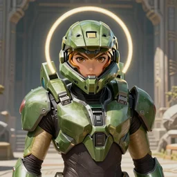 character portrait of samus aran from metroid wearing combination halo armor and varia suit in an ancient temple, 8 k, realistic shading, symmetrical face details, realistically rendered eyes, beauty mark, concept art, illustration, halo infinite, good value control, vibrant colors, john singer sargent, rock quarry location