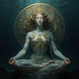 meditation deep in dark murky water!!!, underwater atmospheric mood, asleep and dreaming! cinematic volumetric lights, bust portrait, dnd, fantasy, intricate, elegant, highly detailed, digital painting, artstation, concept art, smooth, sharp focus, illustration, art by artgerm and tom bagshaw and greg rutkowski and alphonse mucha