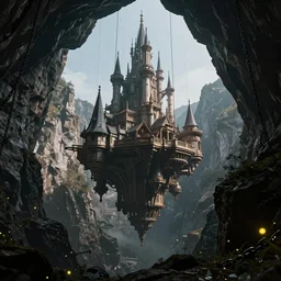 one immense floating castle in the middle of high mountains hanging by chains inside a gorge cave below only darkness background, fireflies, clean sky, hight contrast, void, 8 k resolution, unreal engine 5, hyper - detailed, perspective view, 2 4 mm lens, by simon bisley, beeple, justin gerard