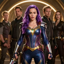 Emilia Clarke in heroic pose with weapon, cinematic, 4k, hyper realistic, super detailed, colorful accents, purple hair, golden ratio, symmetrical face, highly detailed professional photo, centered, rim lights, vray caustics, hyper realistic, by artgerm and Craig Mullins, James Jean, Andrey Ryabovichev, Mark Simonetti and Peter Morbacher 16k