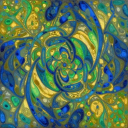colorful abstract moire pattern in golden greenstone deep blue, detailed recursive chromatic fracture , painted by Hudson River School