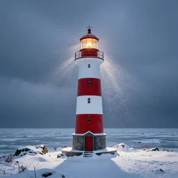 the base of a lighthouse in a frozen ocean, winter, snowing