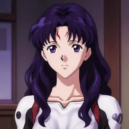 close portrait. interior bg. screenshot of a scene in neongenesisevangelion of female ltcol katsuragi misato 2 9 painted by norman rockwell. character designed by hideaki anno. long shoulderlength wavy! dark purple hair. digital. lighting by james gurney. trending on artstation. masterpiece. artgerm mucha rutkowski.