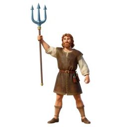 a 1 8 th century illustration of a medieval peasant holding a large blue trident above his head.