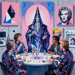 a masterpiece painting in the laboratory of a technomancer wizard, in dazzle camouflaged robes, pointed hoods, he discusses sentience with his al djinn by remedios varo and anato finnstark and greg rutkowski and andy warhol and francis picabia. dayglo pink and blue, prismatic, pearlescent white, raven black, glowing, hyperrealism, trending on artstation