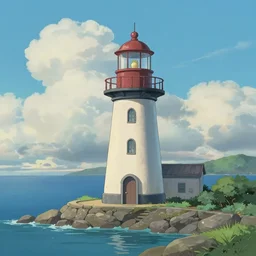 beautiful cute cozy little lighthouse by the sea, puffy clouds, style of hayao miyazaki, digital art trending on artstation
