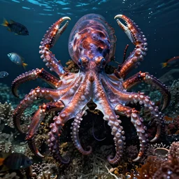 hyper realistic photography of intricate deepsea fish spidercrab octopus medusa squid hybrid cinematic, symmetric detailed,