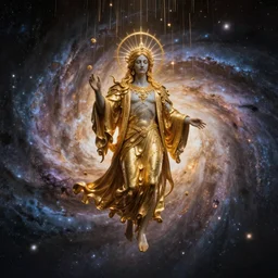 portrait photo of a surreal GOD floating in the middle of a galaxy, gold raining in spiral, ultra super good realistic 3D render by Pete Morbacher and Emil Melmoth, insanely detailed, trending on artstation, sharp focus
