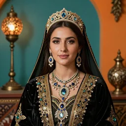 stunning awe-inspiring portrait of a lady in traditional Armenian attire, wearing highly detailed jewelries and ornaments, photorealistic portrait by Da Vinci and Picasso, beautiful face, beautiful portrait lighting, teal and orange colored background with traditional lampstands and furnitures, artstation, smooth