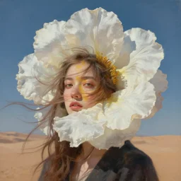 closeup, gigantic flower head, girl in desert, surreal photography, wind and cold, dramatic sky, impressionist painting, digital painting, artstation, simon stalenhag