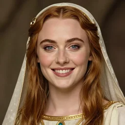 a stunning portrait of sophie turner as an ancient greek priestess, smiling, closeup, digital art, by ross tran, by angel ganev, highly detailed, trending on artstationhq