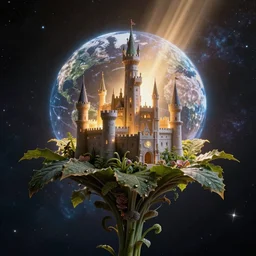 castle space ship organic, flower, leaf, cosmic, futuristic, global illumination, radiant light, stellar background, by peter gric, peter mohrbacher