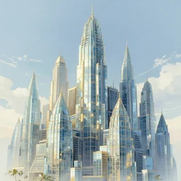 colossal parallax tower of babel made by the magnificent transparent glass with ray light reflection, blue, light blue and gold tones, fantasy aesthetic, wonderful ink illustration, denoise, realism, high details, 4 k, post - processing
