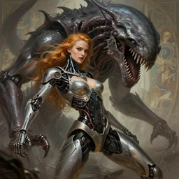 young elizabeth hurley as a gorgeous but deadly cyborg terminator fighting the kraken, photography of kurzgesagt, deep focus, d & d, fantasy, intricate, elegant, highly detailed, digital painting, artstation, concept art, matte, sharp focus, illustration, hearthstone, art by artgerm and greg rutkowski and alphonse mucha