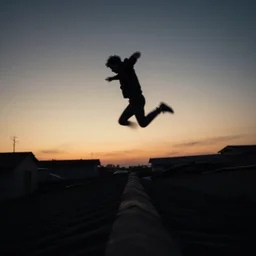 sideways landscape photo of person jumping on the roofs, high contrast, moody sunset, late night, blurry photo, sharp focus, digital art, smooth