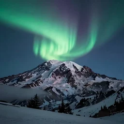 photorealistic dreamy intense aurora above mt rainier film long exposure matter