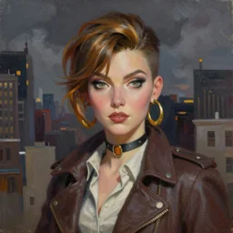 zarya from overwatch, detailed almond eyes shape, dressed in beatnik style, buildings, dark clouds, stylish, greg hildebrandt fancy new york oil painting high quality
