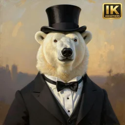 portrait painting of a polar bear dressed with a tuxedo and a top hat, with a snobby look. art by william adolphe bouguereau. during golden hour. extremely detailed. beautiful. 4 k. award - winning