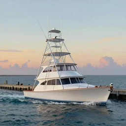 A painting of a 60 foot Sport fishing yacht leaving out of the Galveston jetties at sunrise and headed offshore, inspired by Guy Harvey, digital art, insanely detailed