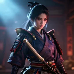 a lone female samurai demon, moody lighting, lens flare, atmosphere, glow, detailed, intricate, full of colour, cinematic lighting, trending on artstation, 4 k, hyperrealistic, focused, extreme details, unreal engine 5, cinematic, masterpiece