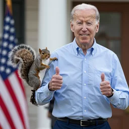 Joe Biden with a Squirrel tail giving the thumbs up