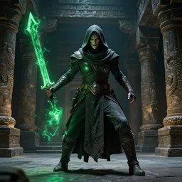 vfx film, photorealistic render, soul reaver, raziel irl, price of persia movie, missing jaw, hero pose, devouring magic souls, scarf, hood, glowing green soul blade, in epic ancient sacred huge cave temple, flat color profile low - key lighting award winning photography arri alexa cinematography, hyper real photorealistic cinematic beautiful, atmospheric cool colorgrade