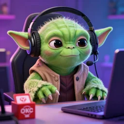 young yoda as streamer on twitch in headphones, ahegai emotion, donate, donate, subscribe to my onlyfans