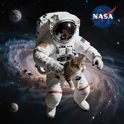 astronaut riding on cat in space, photorealistic, unreal engine, ray traced, environment, nebula, space, NASA