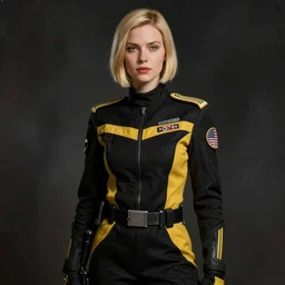 portrait of a woman by greg rutkowski, slavic features, blonde bob hair, tall and slender, star wars expanded universe, she is about 3 0 years old, wearing black and yellow military fatigues of the outer rim association.