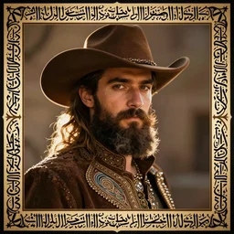 bearded cowboy, persian folkore artstyle, calligraphy border
