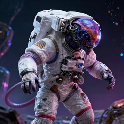the astronaut battles the diachromic chimera in the quantum realm, dramatic lighting, intricate details, vivid colors, octane render